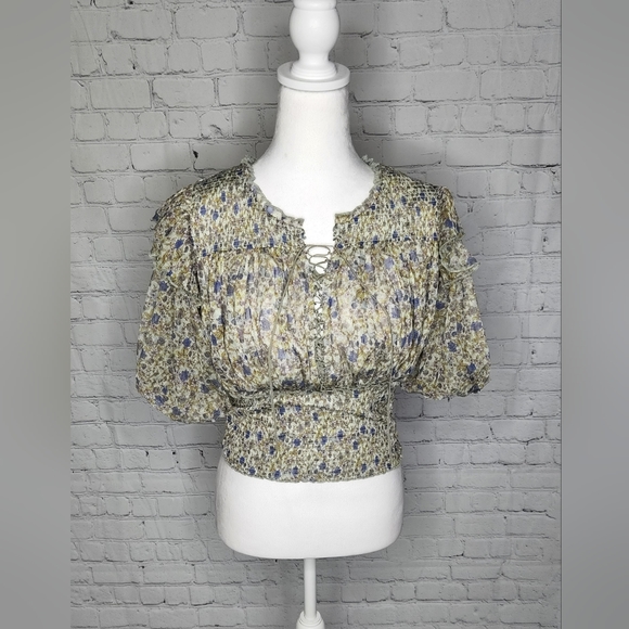 Free People Beatrice Floral-print Smocked Top In Mint Combo - Picture 2 of 8